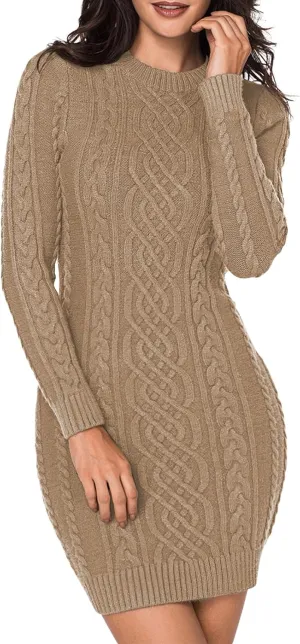 LaSuiveur Women's Bodycon Pullover Mini Sweater Dresses Crew Neck Cable Knit Cocktail Party Dress