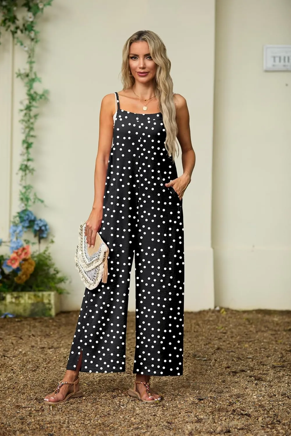 Lepunuo Womens Casual Loose Jumpsuits Summer Boho Wide Leg Rompers Sleeveless Overalls with Pockets