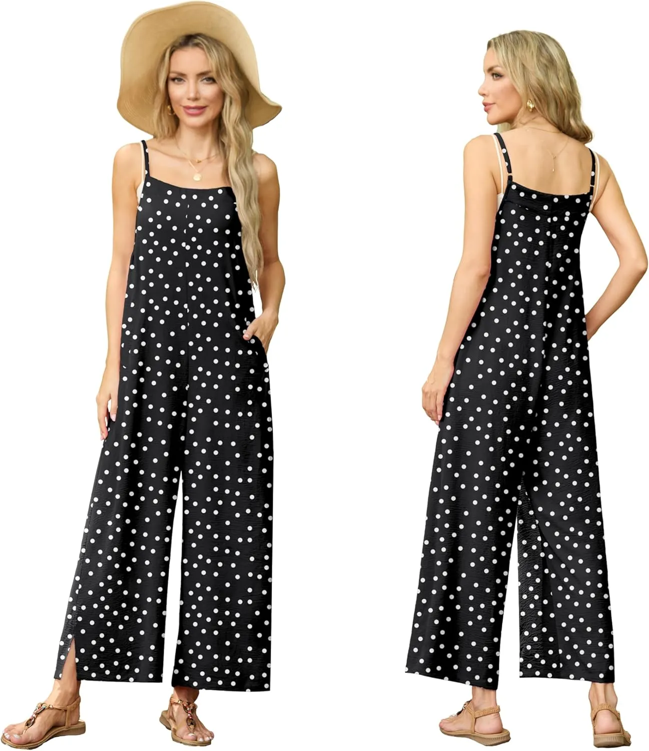 Lepunuo Womens Casual Loose Jumpsuits Summer Boho Wide Leg Rompers Sleeveless Overalls with Pockets
