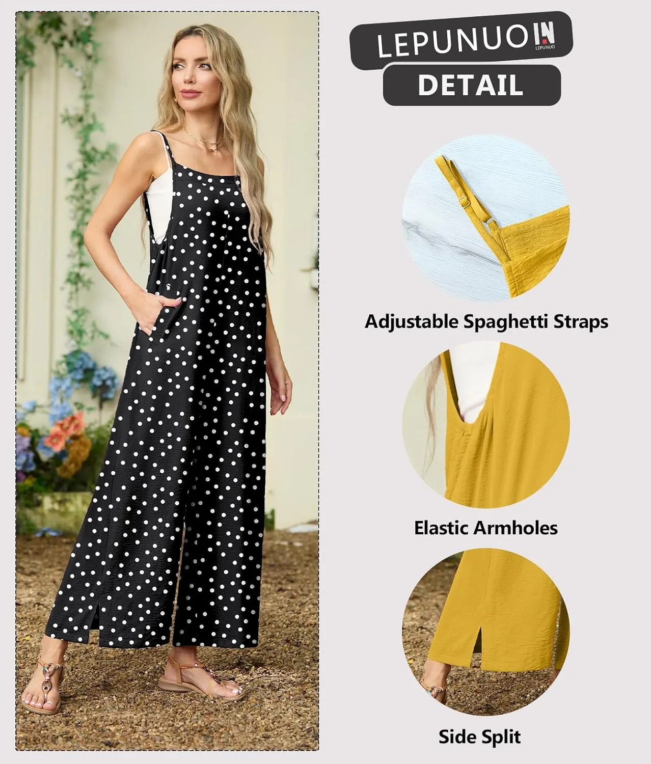 Lepunuo Womens Casual Loose Jumpsuits Summer Boho Wide Leg Rompers Sleeveless Overalls with Pockets