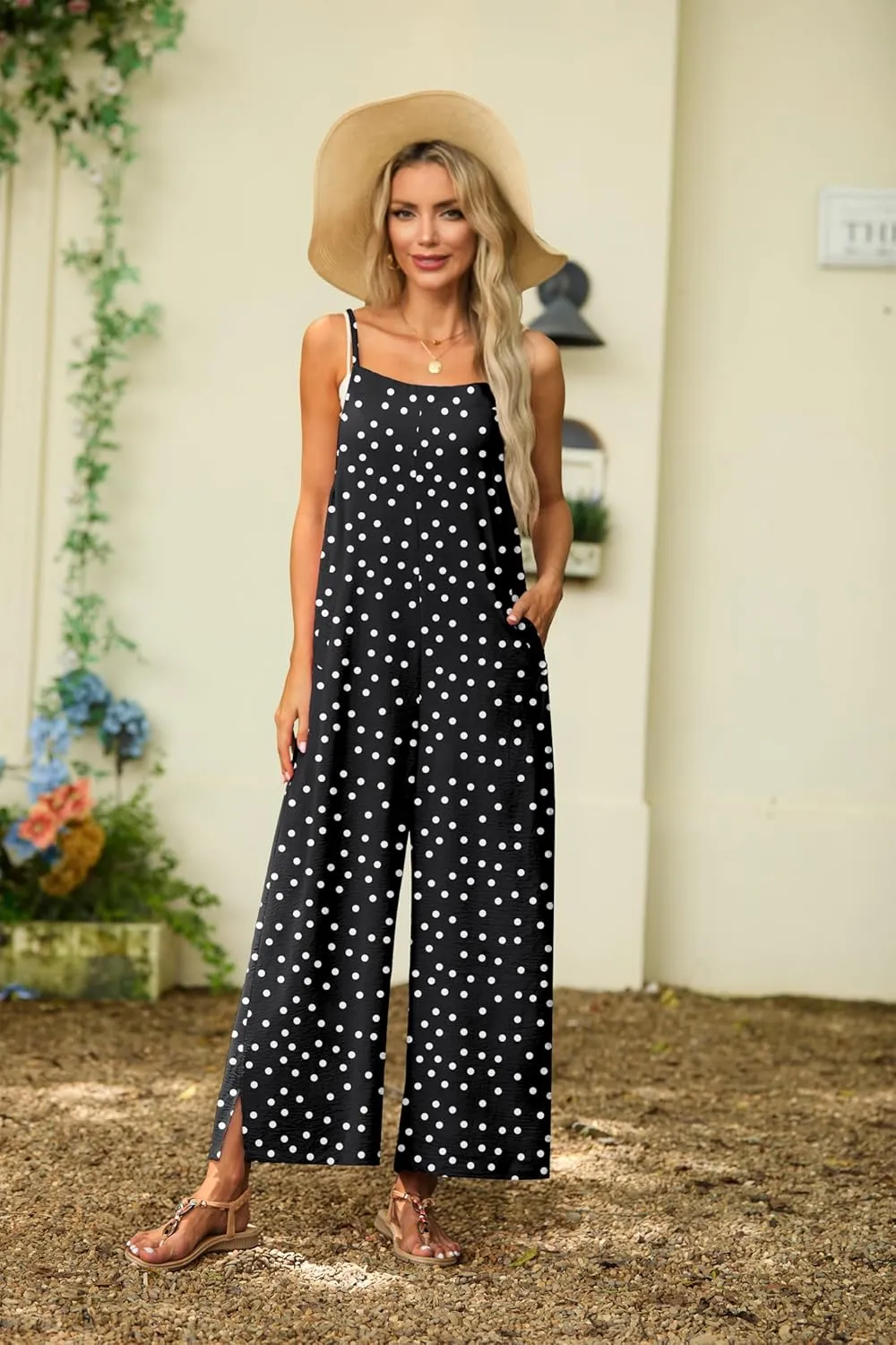 Lepunuo Womens Casual Loose Jumpsuits Summer Boho Wide Leg Rompers Sleeveless Overalls with Pockets