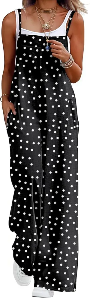Lepunuo Womens Casual Loose Jumpsuits Summer Boho Wide Leg Rompers Sleeveless Overalls with Pockets