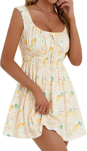 LOLOCCI Mini Square Neck Women Cute Floral Sundresses Tank A-Line Rayon Milkmaid Adjustable Empire Waist Summer Dress