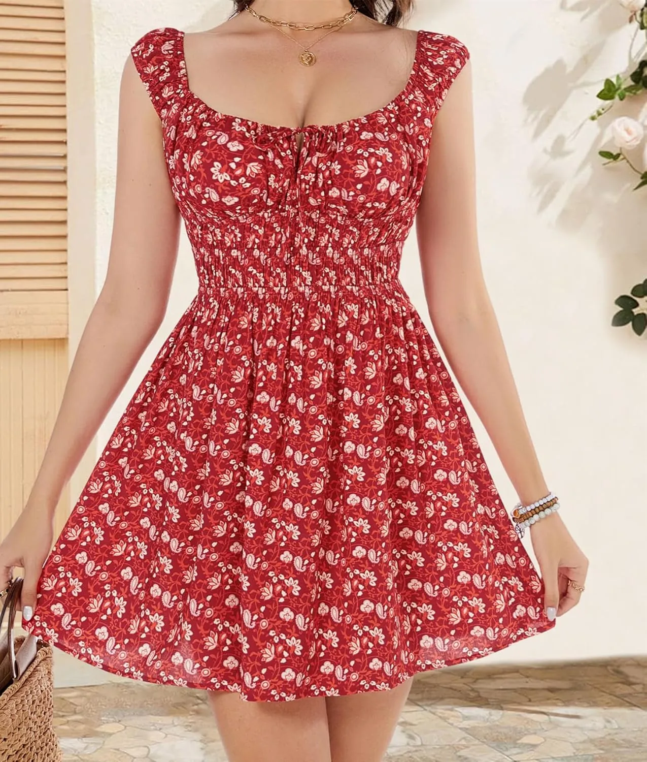 LOLOCCI Mini Square Neck Women Cute Floral Sundresses Tank A-Line Rayon Milkmaid Adjustable Empire Waist Summer Dress