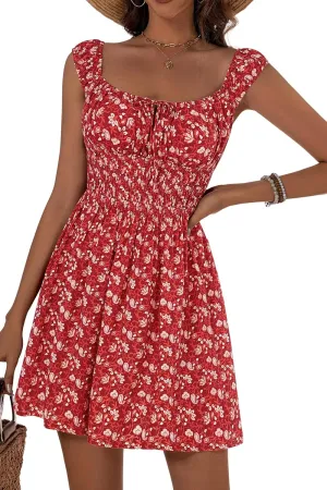 LOLOCCI Mini Square Neck Women Cute Floral Sundresses Tank A-Line Rayon Milkmaid Adjustable Empire Waist Summer Dress
