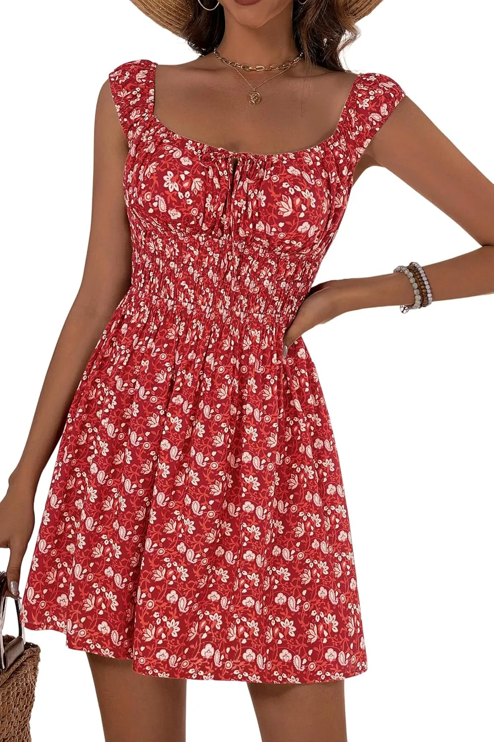 LOLOCCI Mini Square Neck Women Cute Floral Sundresses Tank A-Line Rayon Milkmaid Adjustable Empire Waist Summer Dress