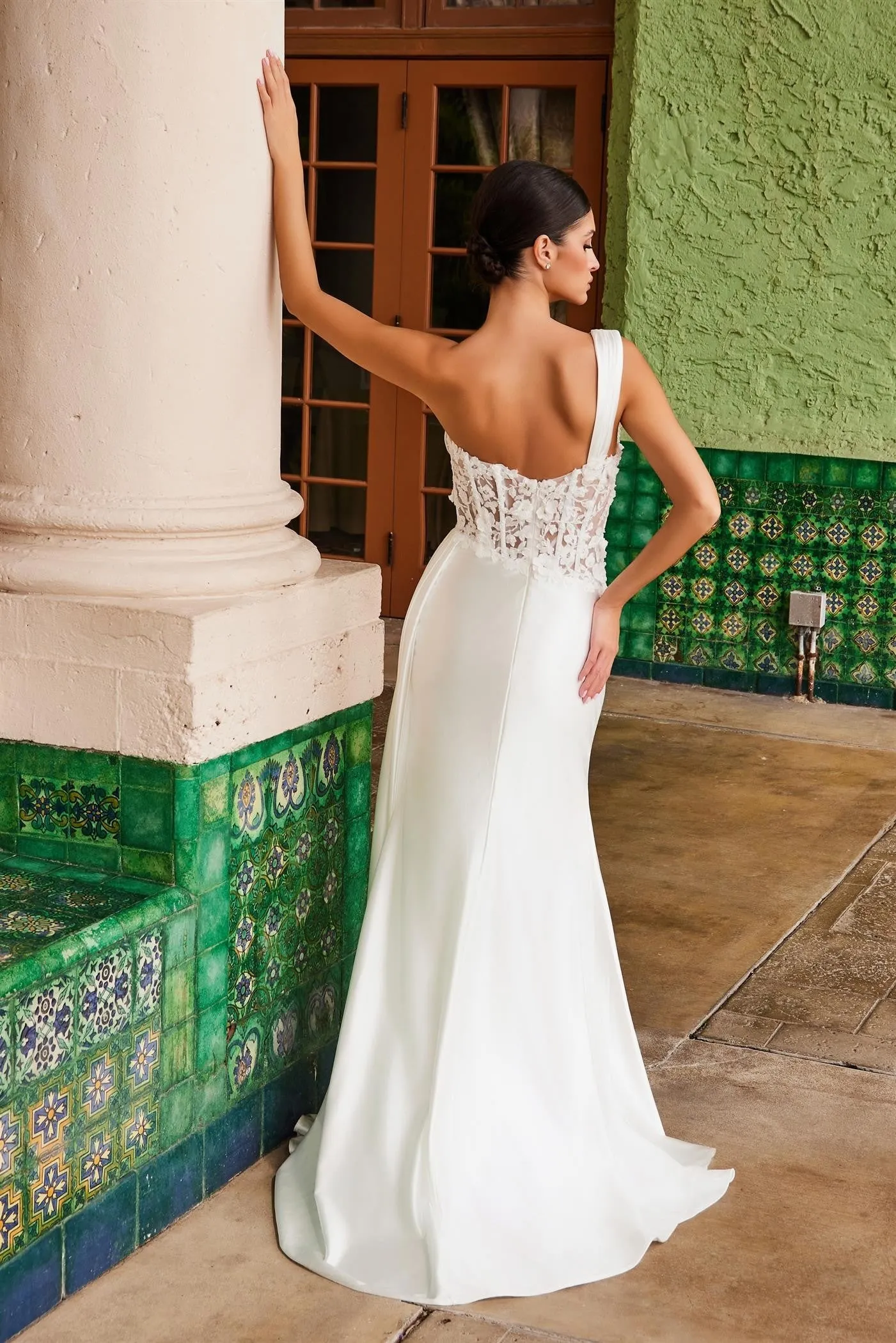 Long Fitted Satin Dress With A Sheer Boned Appliqu E1526W