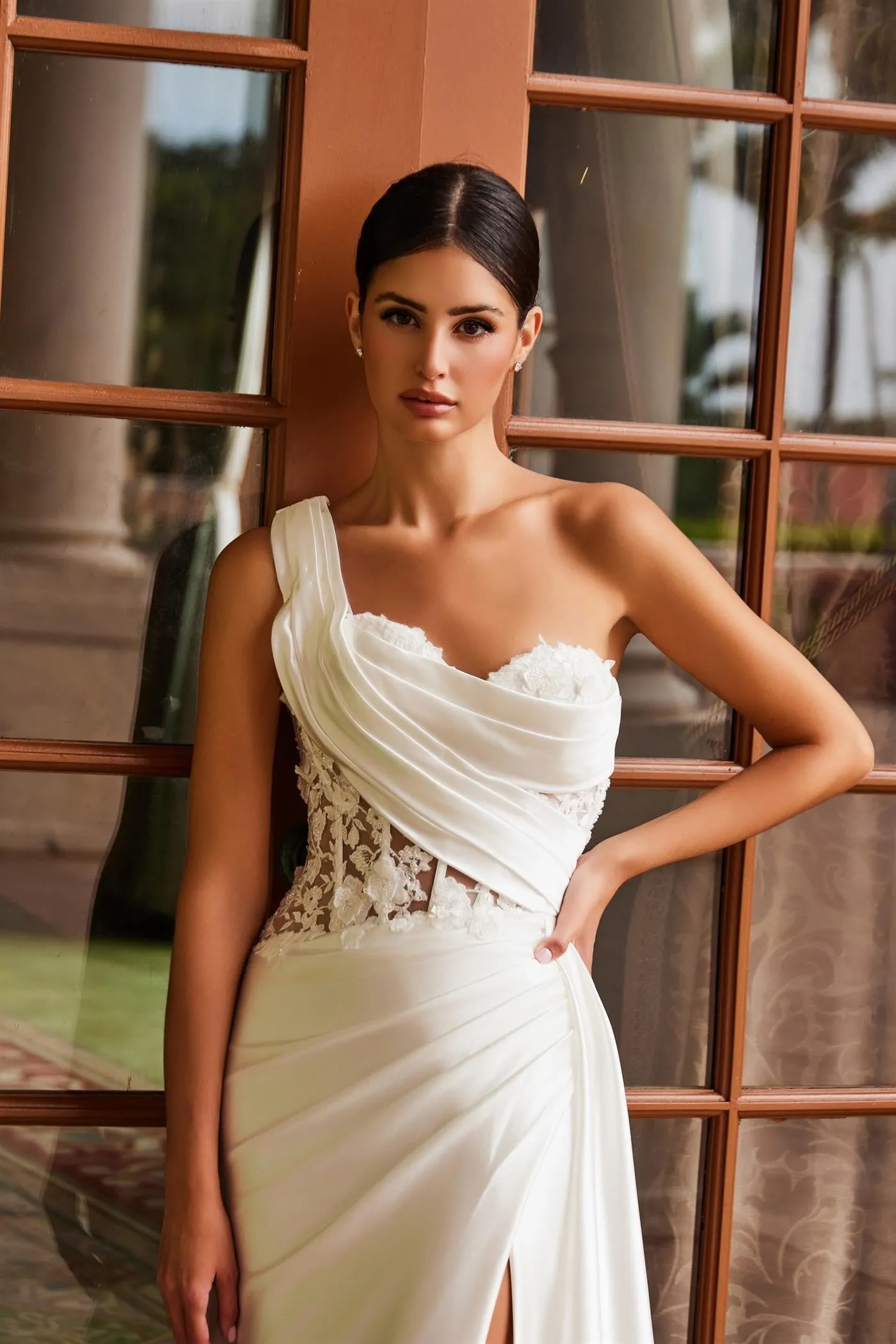 Long Fitted Satin Dress With A Sheer Boned Appliqu E1526W