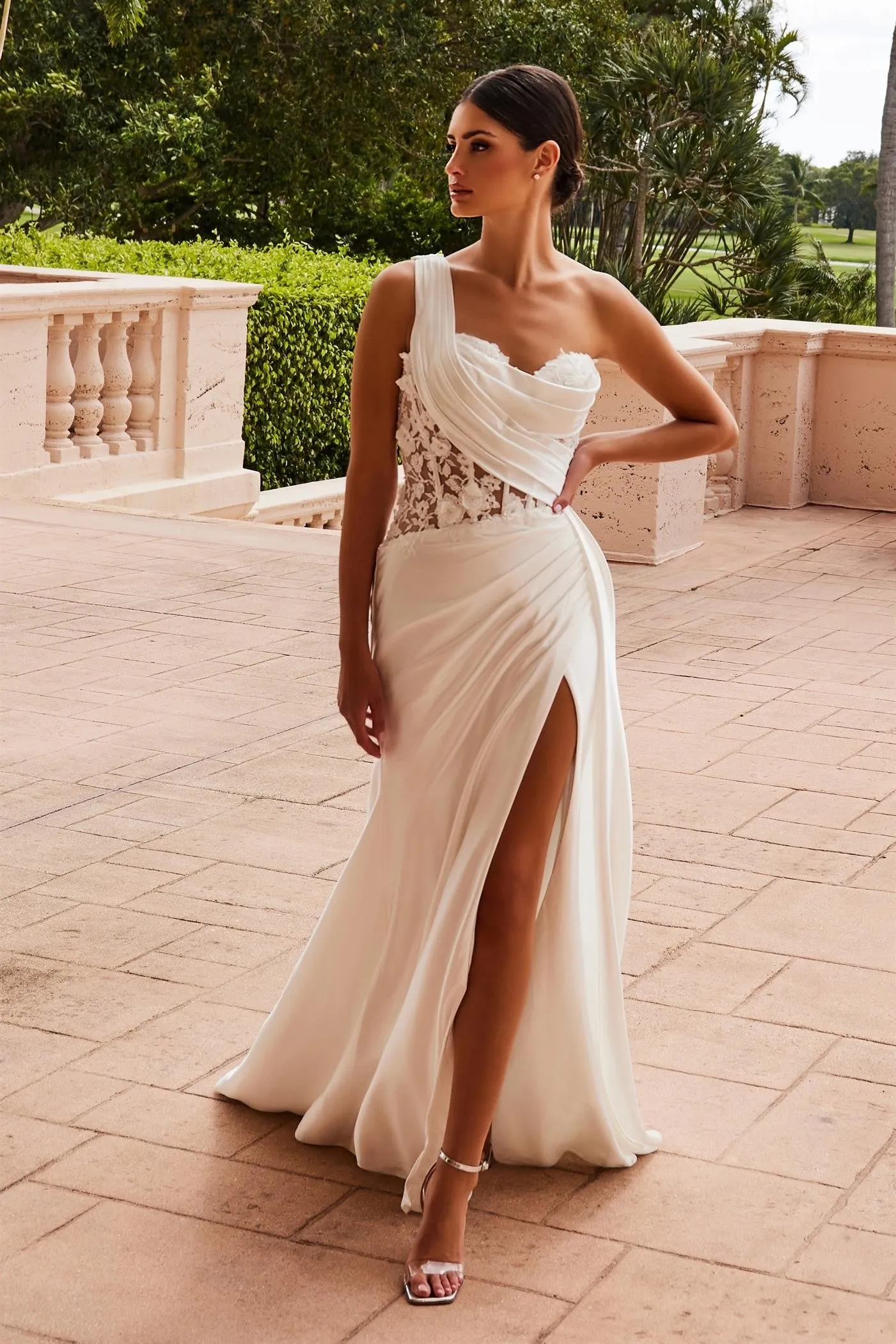 Long Fitted Satin Dress With A Sheer Boned Appliqu E1526W