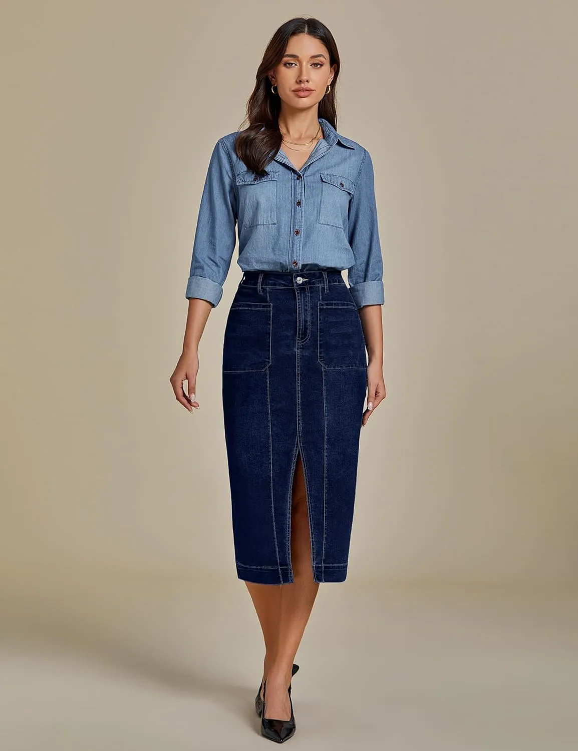 luvamia Jean Skirts for Women Denim Trendy Casual Stretchy High Waisted Midi Front Pockets Below Knee Skirt with Slit