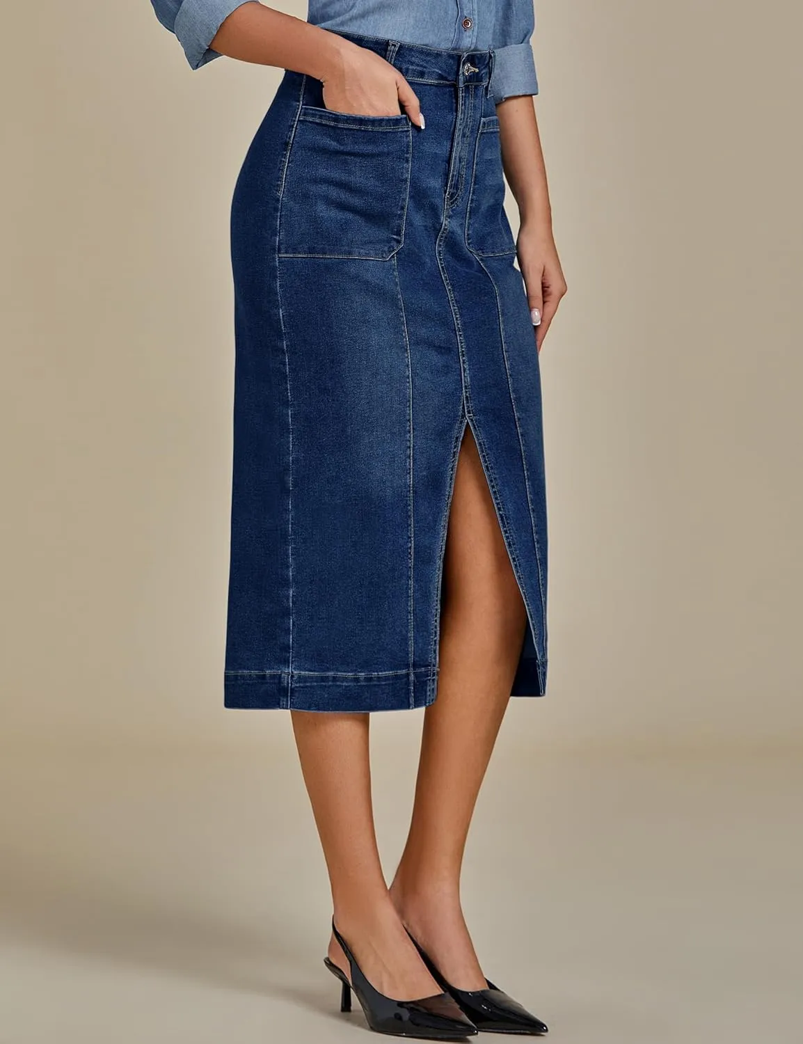 luvamia Jean Skirts for Women Denim Trendy Casual Stretchy High Waisted Midi Front Pockets Below Knee Skirt with Slit