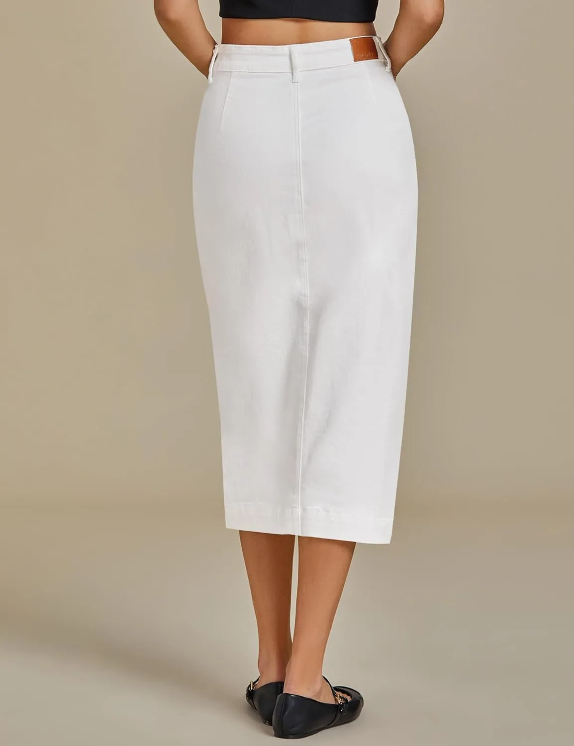 luvamia Jean Skirts for Women Denim Trendy Casual Stretchy High Waisted Midi Front Pockets Below Knee Skirt with Slit