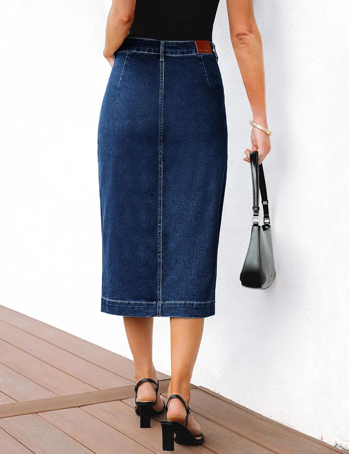 luvamia Jean Skirts for Women Denim Trendy Casual Stretchy High Waisted Midi Front Pockets Below Knee Skirt with Slit