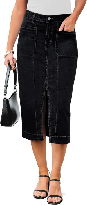 luvamia Jean Skirts for Women Denim Trendy Casual Stretchy High Waisted Midi Front Pockets Below Knee Skirt with Slit