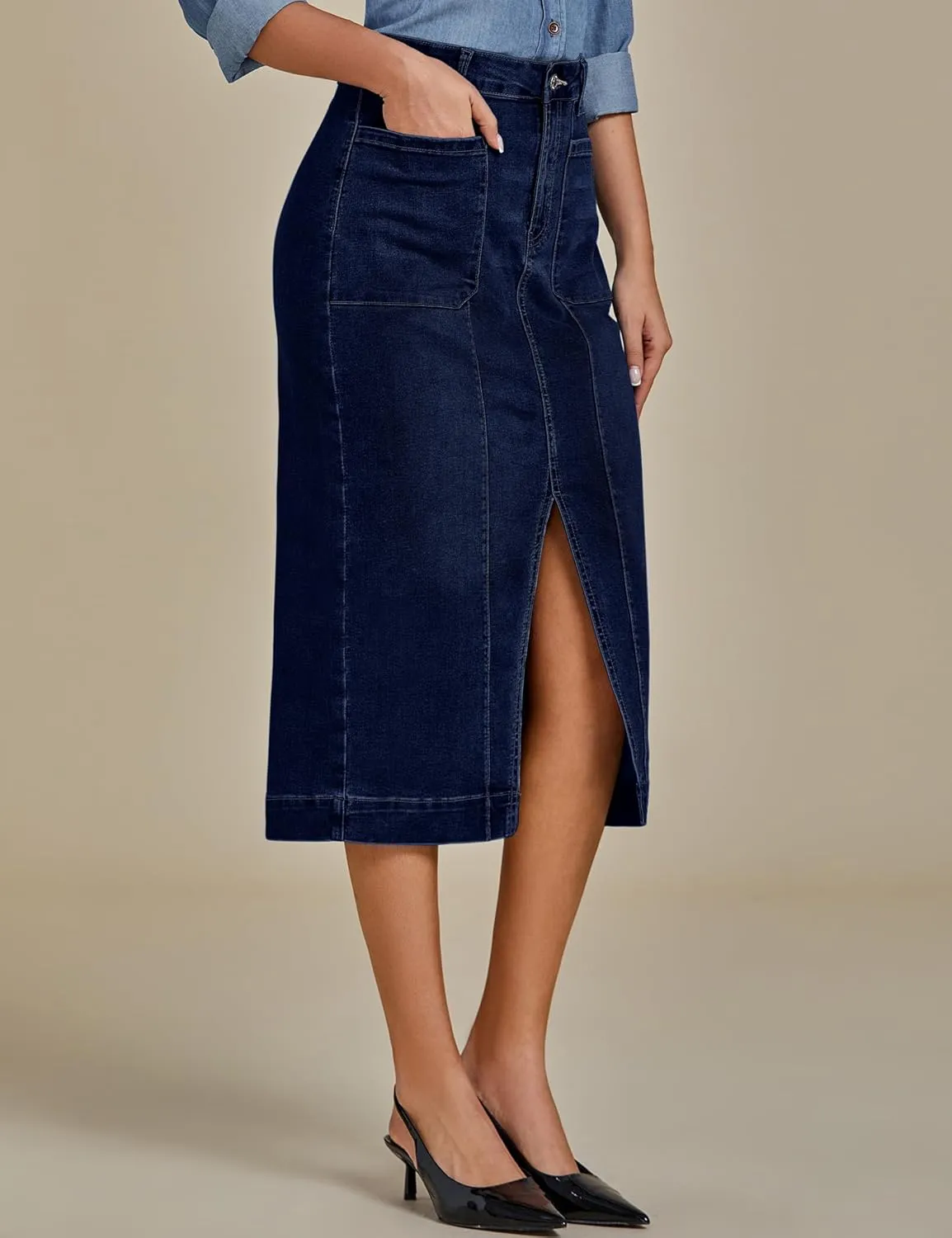 luvamia Jean Skirts for Women Denim Trendy Casual Stretchy High Waisted Midi Front Pockets Below Knee Skirt with Slit