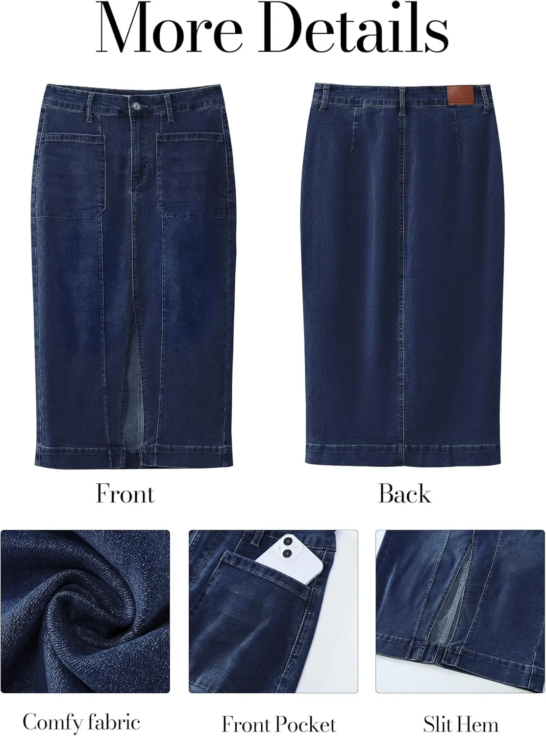 luvamia Jean Skirts for Women Denim Trendy Casual Stretchy High Waisted Midi Front Pockets Below Knee Skirt with Slit