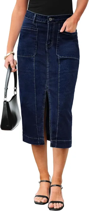 luvamia Jean Skirts for Women Denim Trendy Casual Stretchy High Waisted Midi Front Pockets Below Knee Skirt with Slit