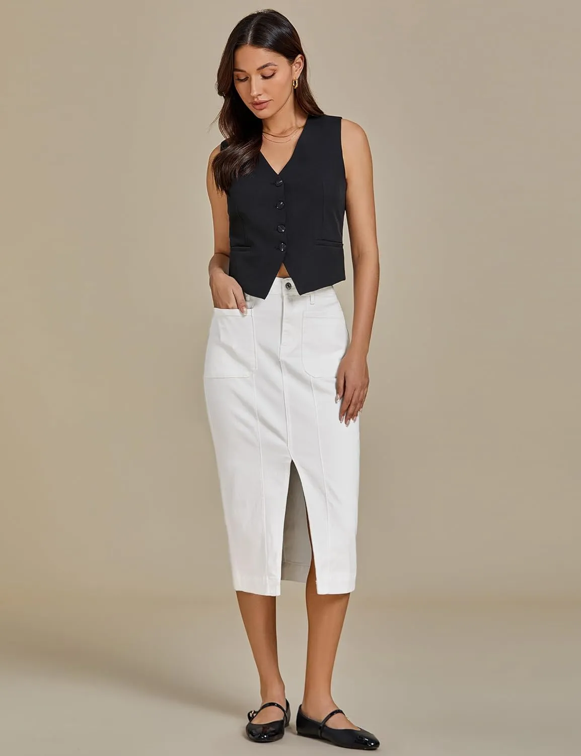 luvamia Jean Skirts for Women Denim Trendy Casual Stretchy High Waisted Midi Front Pockets Below Knee Skirt with Slit