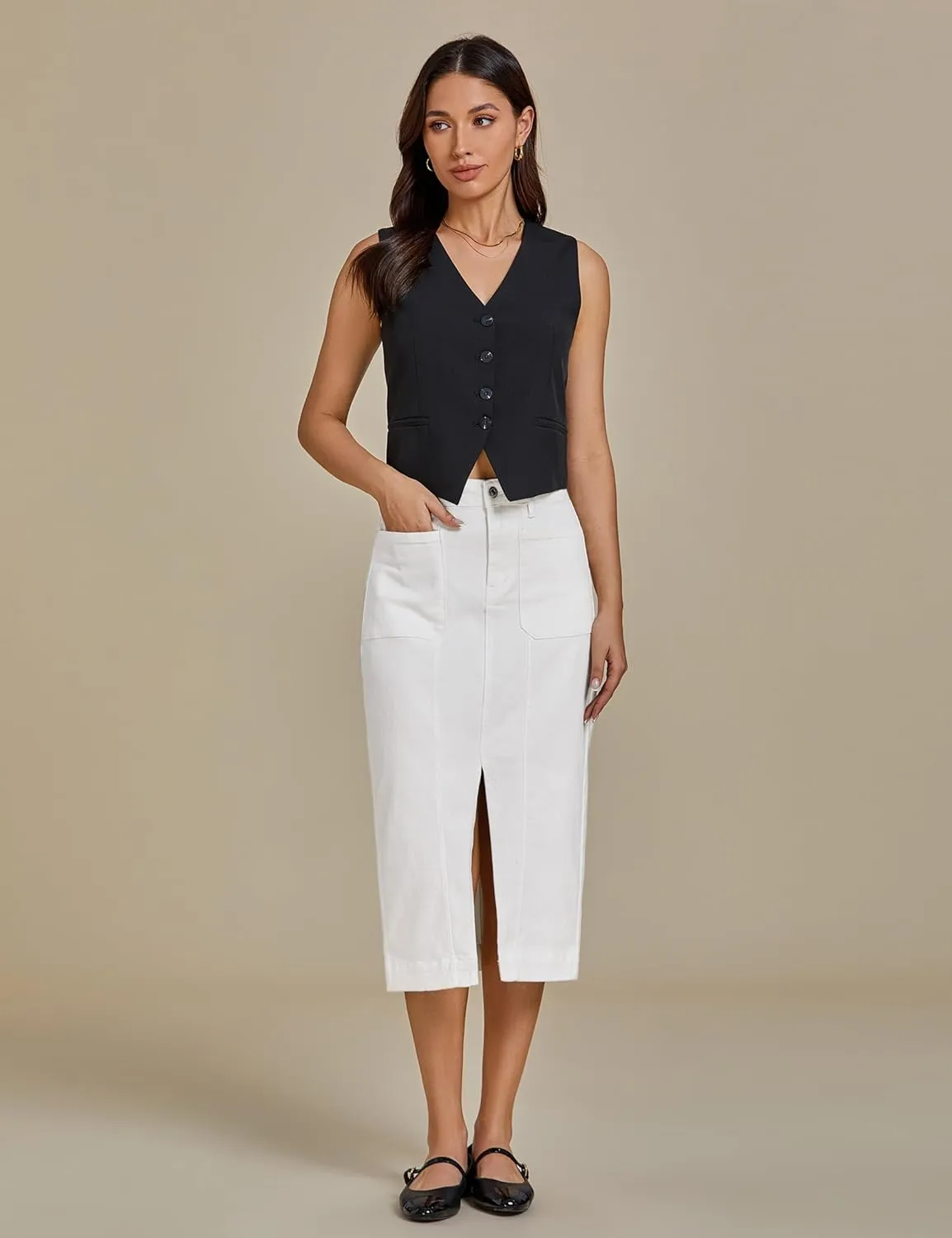 luvamia Jean Skirts for Women Denim Trendy Casual Stretchy High Waisted Midi Front Pockets Below Knee Skirt with Slit