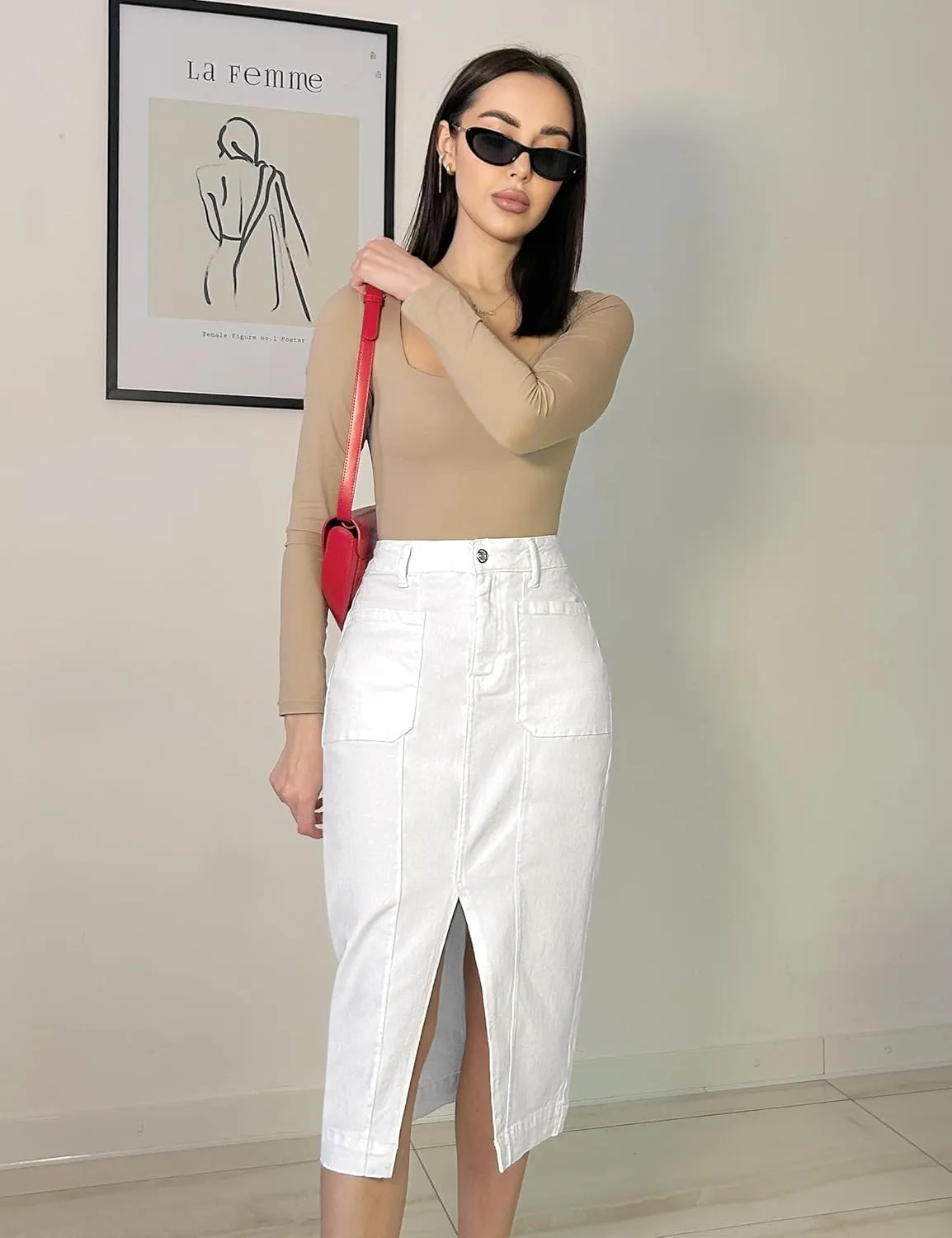 luvamia Jean Skirts for Women Denim Trendy Casual Stretchy High Waisted Midi Front Pockets Below Knee Skirt with Slit