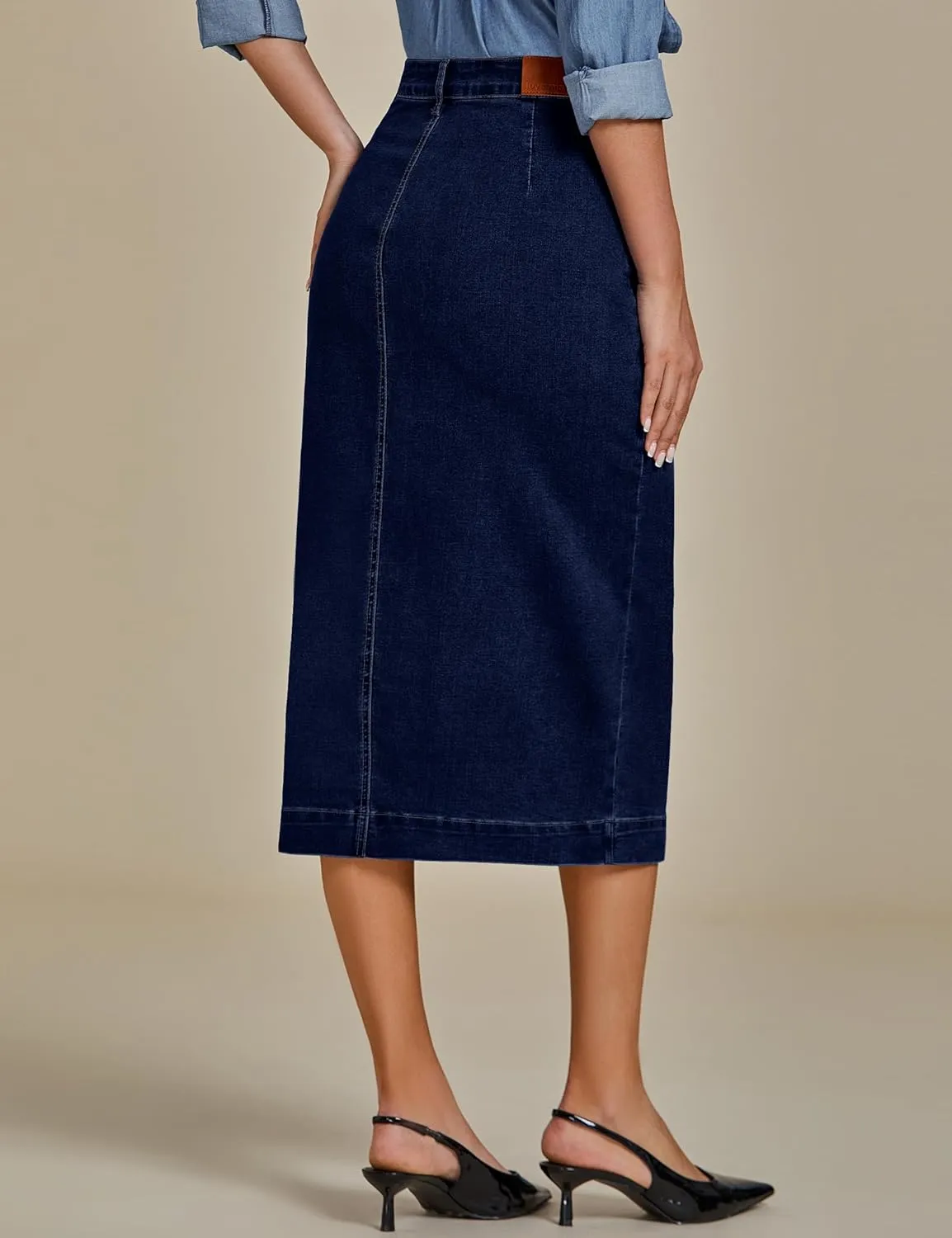 luvamia Jean Skirts for Women Denim Trendy Casual Stretchy High Waisted Midi Front Pockets Below Knee Skirt with Slit