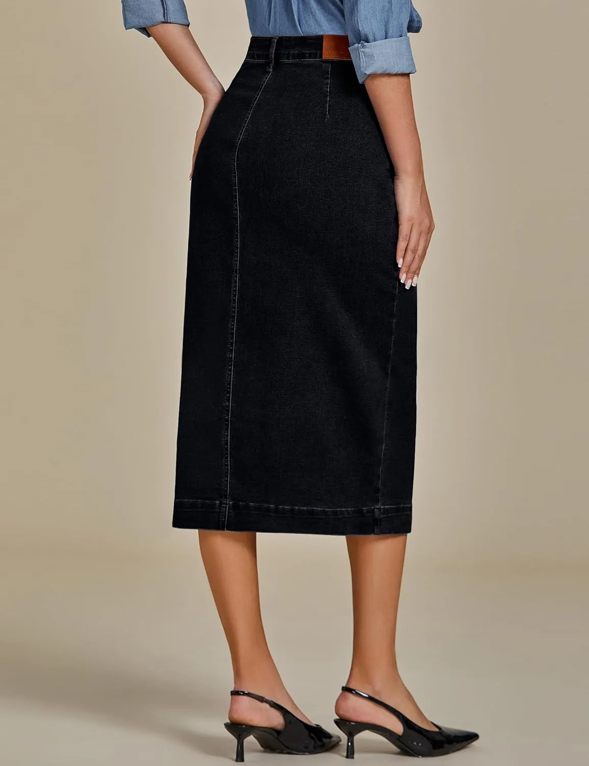 luvamia Jean Skirts for Women Denim Trendy Casual Stretchy High Waisted Midi Front Pockets Below Knee Skirt with Slit