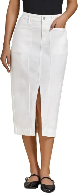 luvamia Jean Skirts for Women Denim Trendy Casual Stretchy High Waisted Midi Front Pockets Below Knee Skirt with Slit