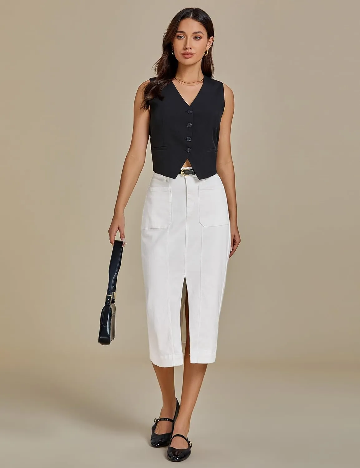 luvamia Jean Skirts for Women Denim Trendy Casual Stretchy High Waisted Midi Front Pockets Below Knee Skirt with Slit