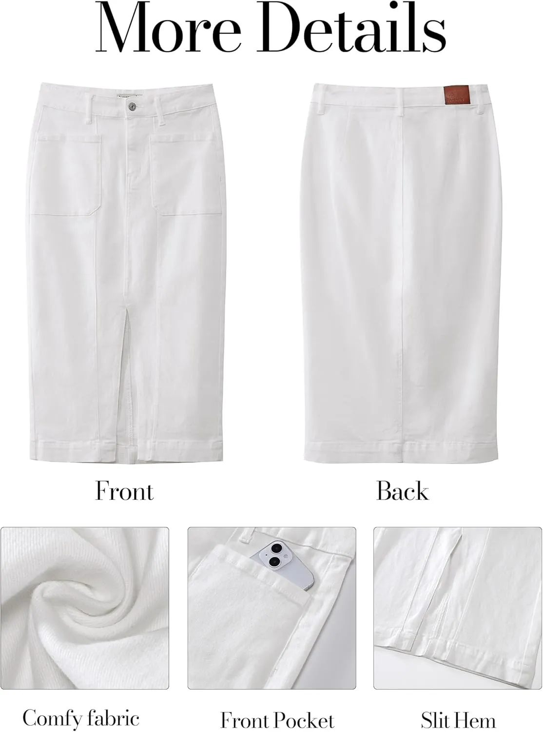 luvamia Jean Skirts for Women Denim Trendy Casual Stretchy High Waisted Midi Front Pockets Below Knee Skirt with Slit