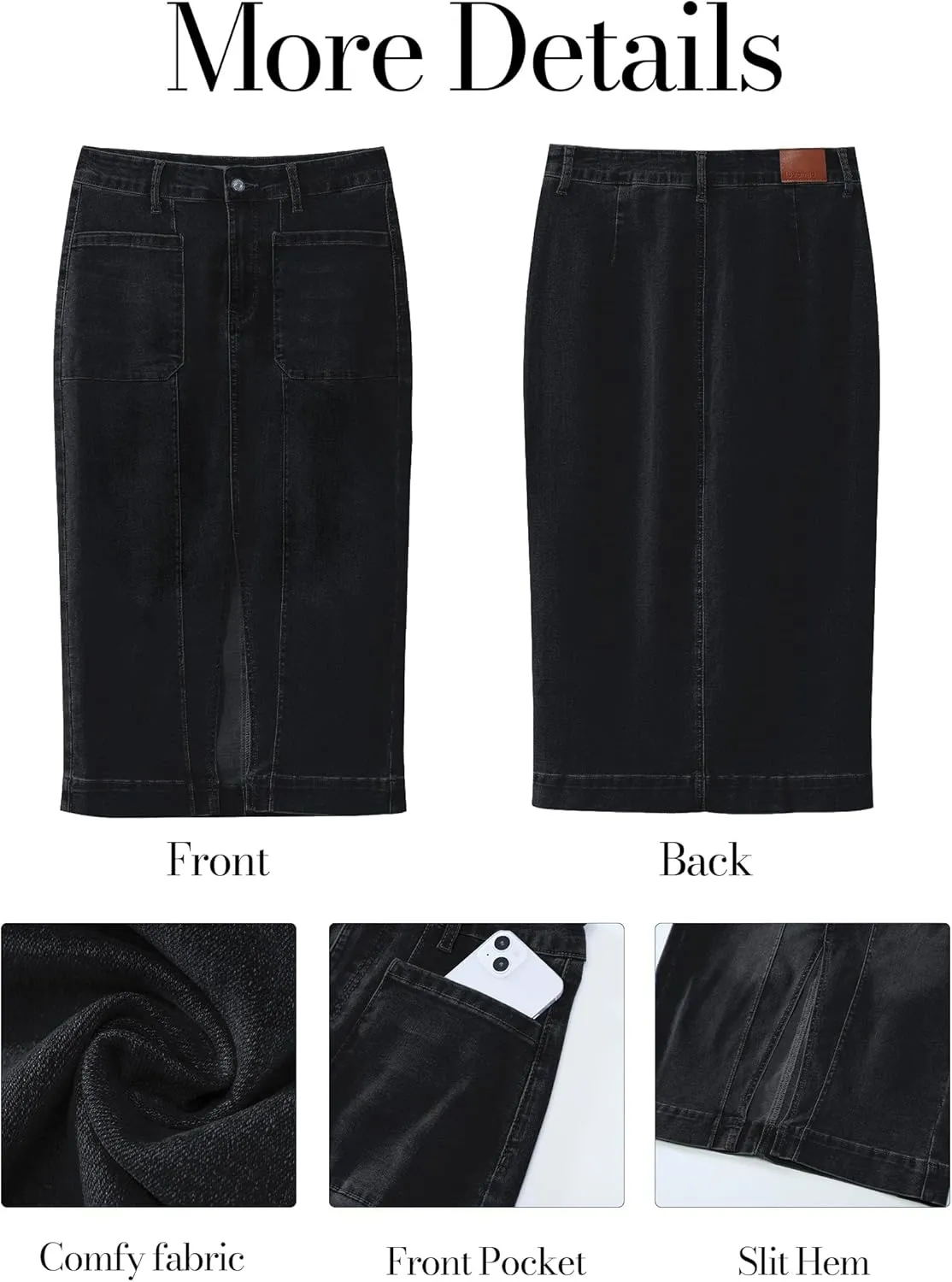 luvamia Jean Skirts for Women Denim Trendy Casual Stretchy High Waisted Midi Front Pockets Below Knee Skirt with Slit