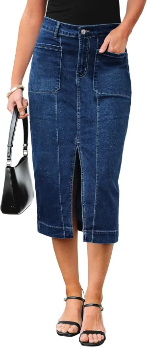 luvamia Jean Skirts for Women Denim Trendy Casual Stretchy High Waisted Midi Front Pockets Below Knee Skirt with Slit