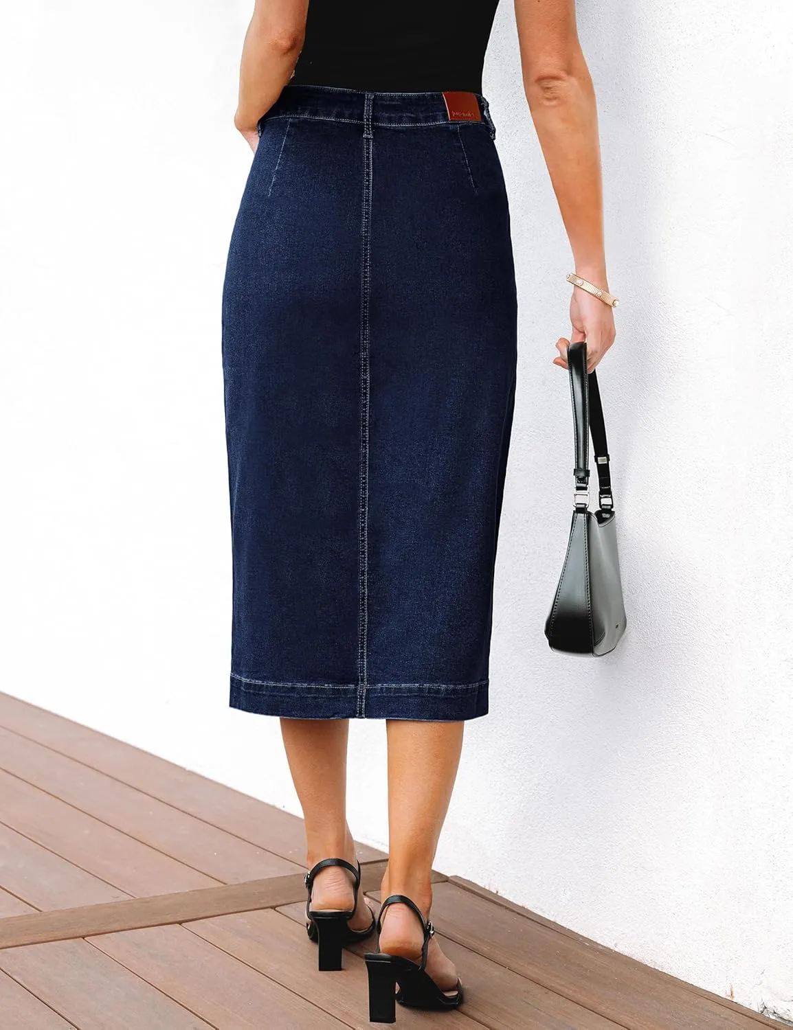 luvamia Jean Skirts for Women Denim Trendy Casual Stretchy High Waisted Midi Front Pockets Below Knee Skirt with Slit