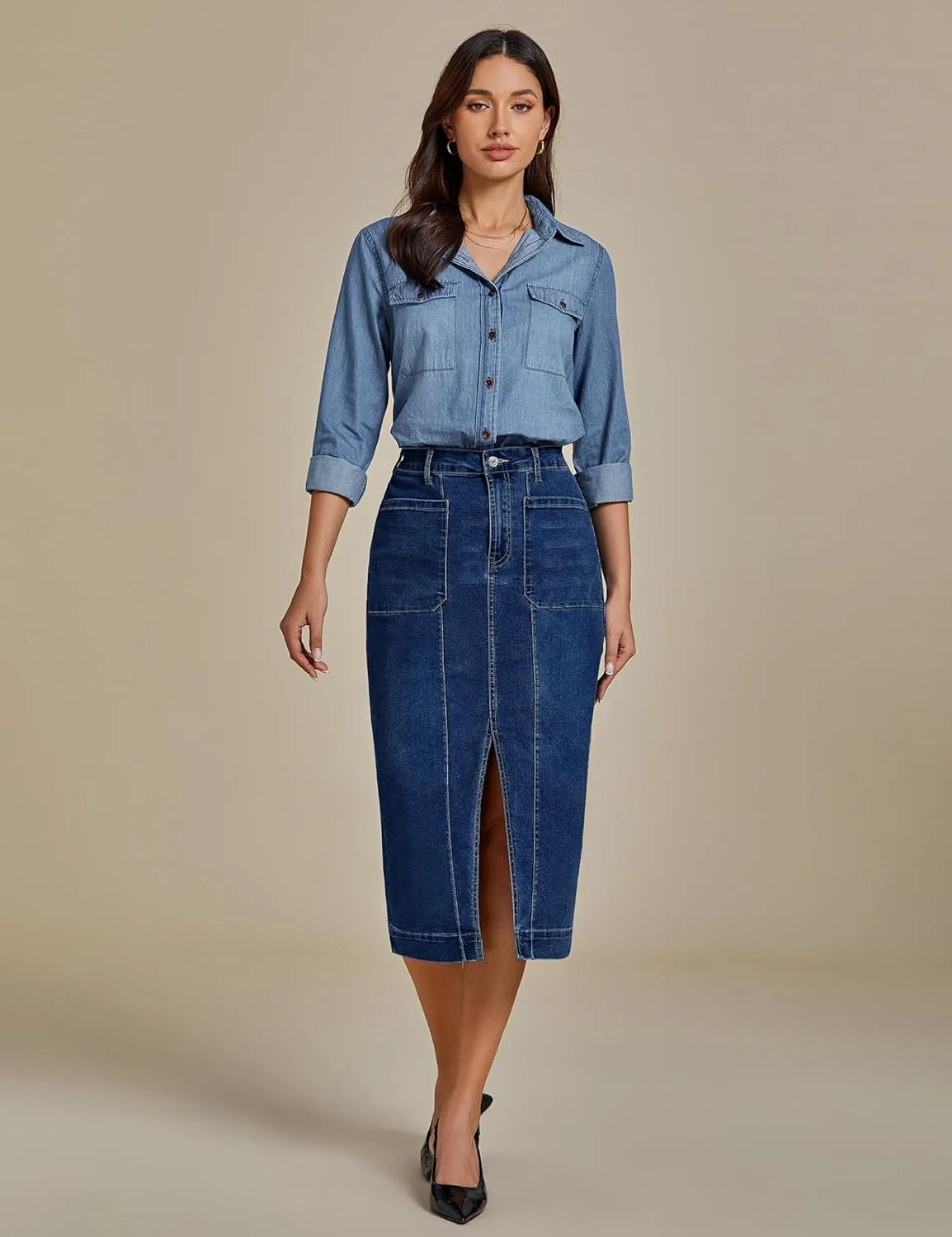 luvamia Jean Skirts for Women Denim Trendy Casual Stretchy High Waisted Midi Front Pockets Below Knee Skirt with Slit