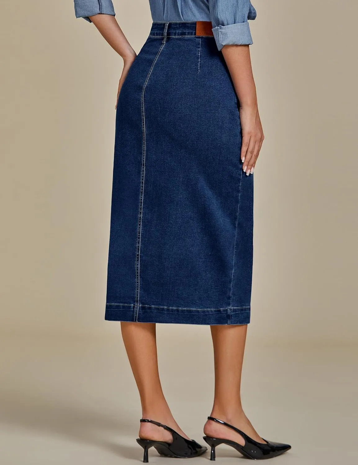 luvamia Jean Skirts for Women Denim Trendy Casual Stretchy High Waisted Midi Front Pockets Below Knee Skirt with Slit