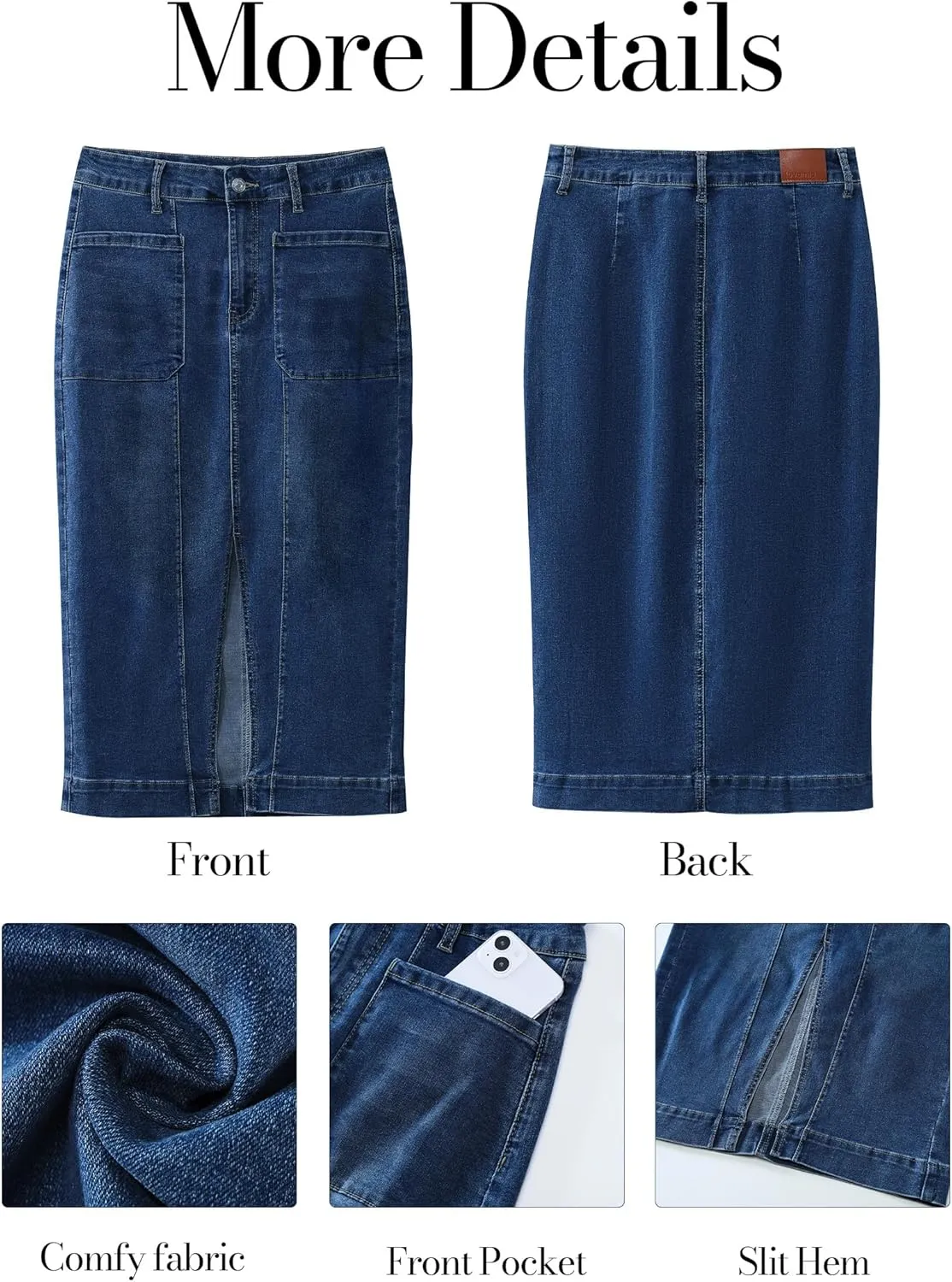 luvamia Jean Skirts for Women Denim Trendy Casual Stretchy High Waisted Midi Front Pockets Below Knee Skirt with Slit