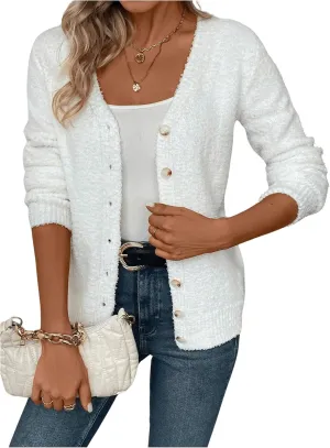 MakeMeChic Women's Fuzzy Cardigan Long Sleeve V Neck Button Down Loose Cardigan Sweater