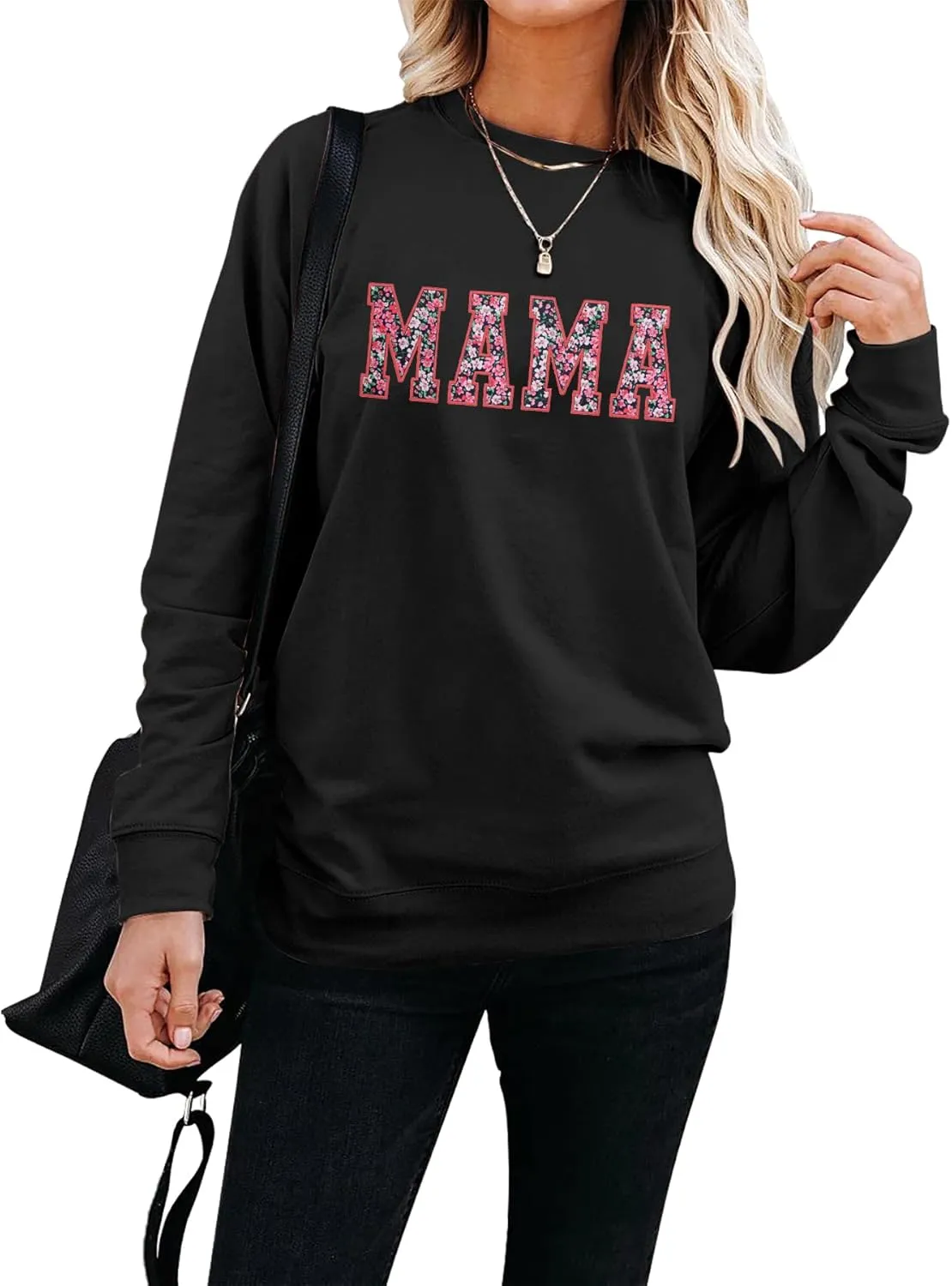 Mama Sweatshirt for Women: Embroidered Mama Essentials Crewneck Sweatshirt with Mom Graphic Long Sleeve