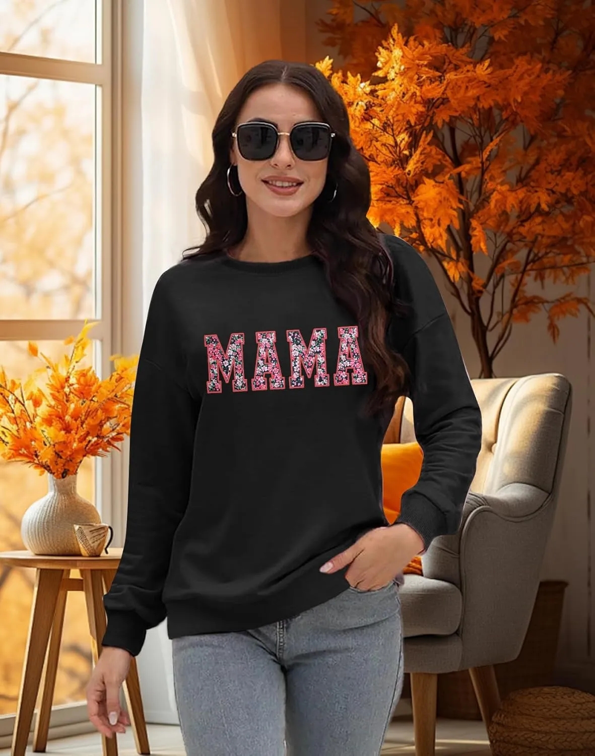 Mama Sweatshirt for Women: Embroidered Mama Essentials Crewneck Sweatshirt with Mom Graphic Long Sleeve