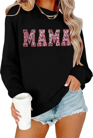 Mama Sweatshirt for Women: Embroidered Mama Essentials Crewneck Sweatshirt with Mom Graphic Long Sleeve