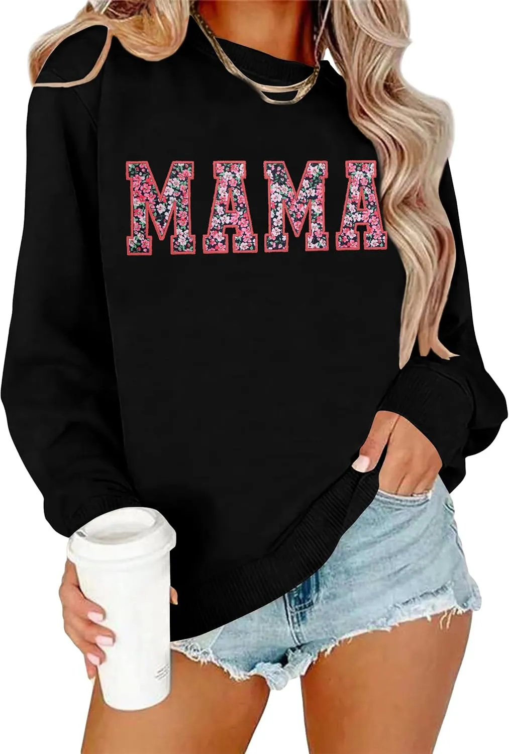 Mama Sweatshirt for Women: Embroidered Mama Essentials Crewneck Sweatshirt with Mom Graphic Long Sleeve