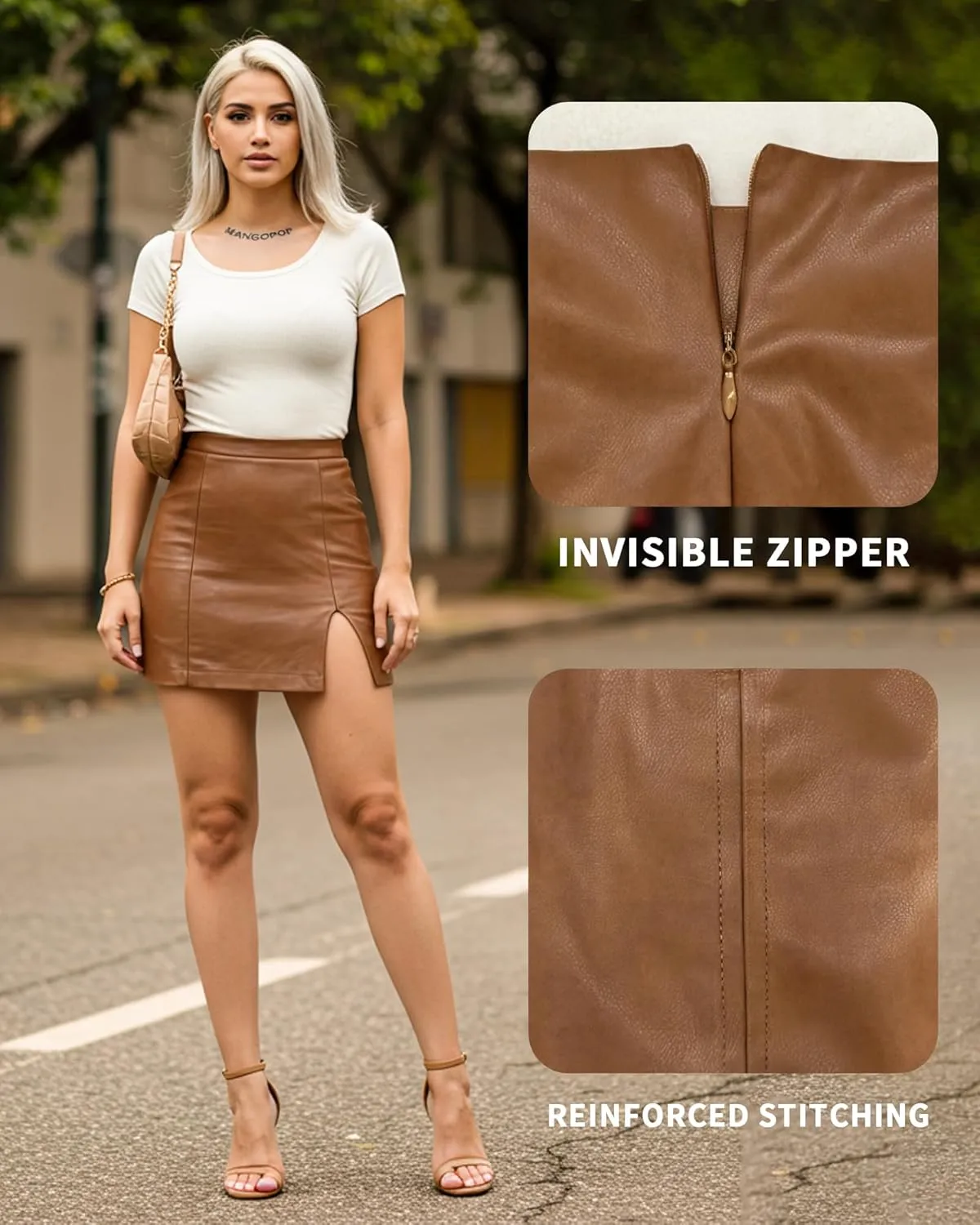 MANGOPOP Womens High Waist Bodycon Mini Short Faux Leather Skirt with Slit