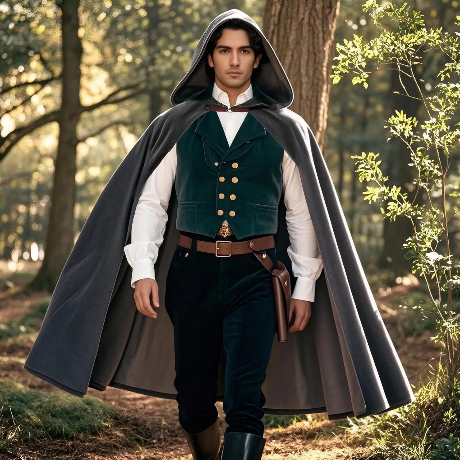 Medieval Cloak Costume Set with Velvet Hooded Cape, Leather Bracers, Belt - Renaissance Halloween Cosplay for Adults.