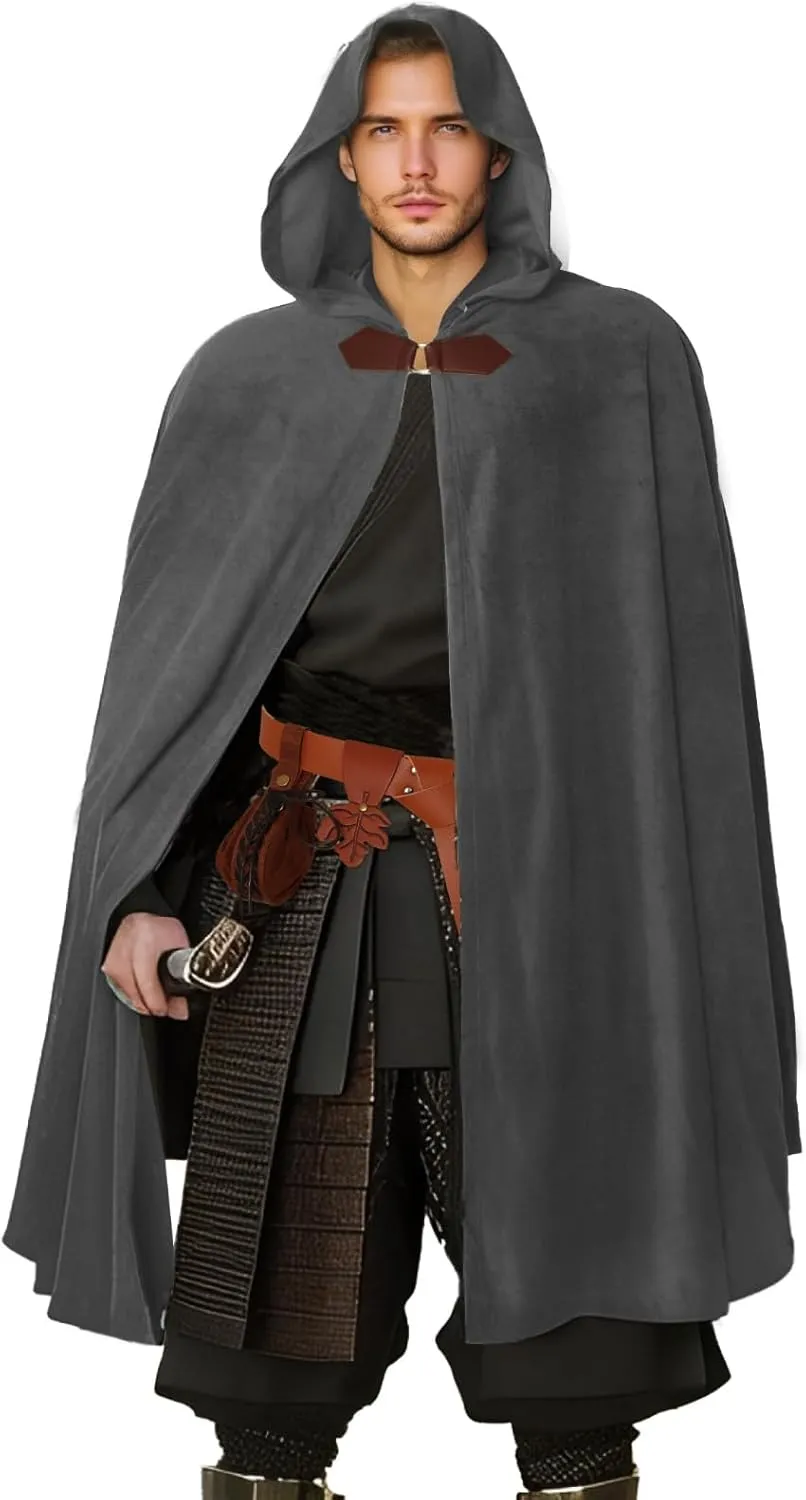 Medieval Cloak Costume Set with Velvet Hooded Cape, Leather Bracers, Belt - Renaissance Halloween Cosplay for Adults.