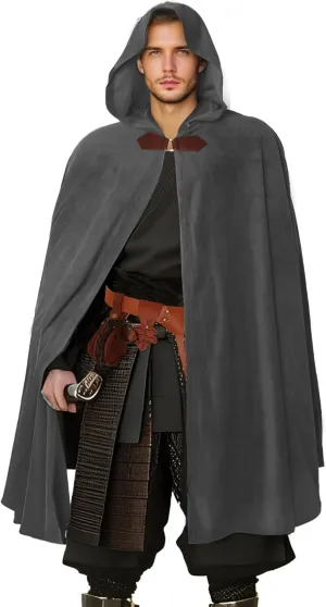 Medieval Cloak Costume Set with Velvet Hooded Cape, Leather Bracers, Belt - Renaissance Halloween Cosplay for Adults.
