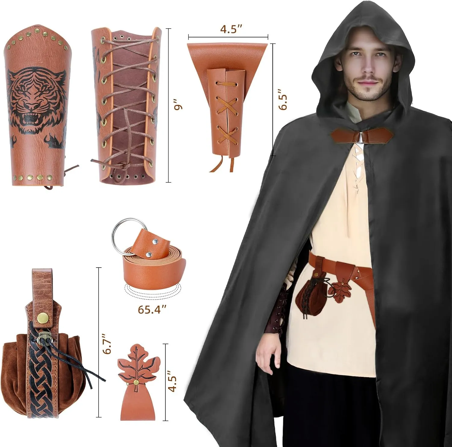 Medieval Cloak Costume Set with Velvet Hooded Cape, Leather Bracers, Belt - Renaissance Halloween Cosplay for Adults.