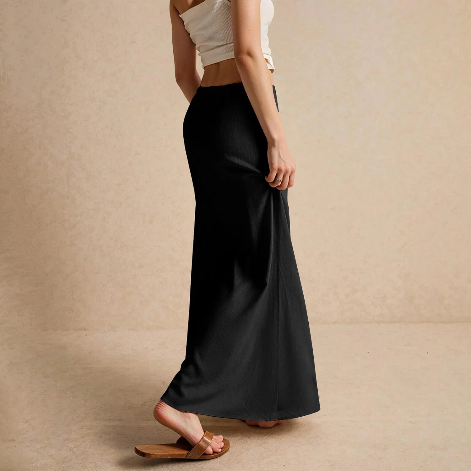 Melliflo Womens Linen Maxi Skirts 2025 Trendy Summer Comfy Drawstring Waist Vacation Flowy Long Skirt