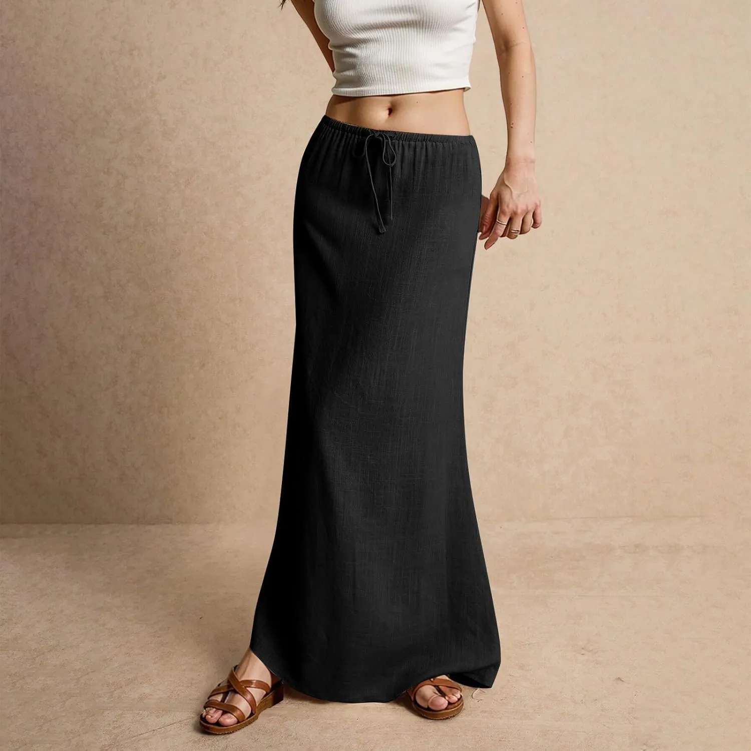 Melliflo Womens Linen Maxi Skirts 2025 Trendy Summer Comfy Drawstring Waist Vacation Flowy Long Skirt