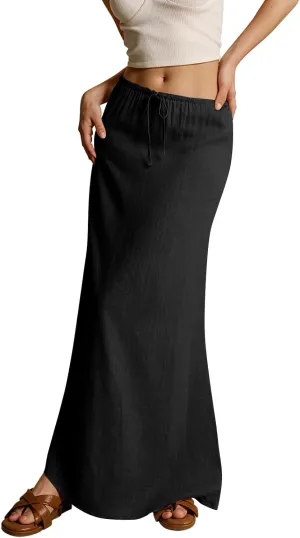 Melliflo Womens Linen Maxi Skirts 2025 Trendy Summer Comfy Drawstring Waist Vacation Flowy Long Skirt