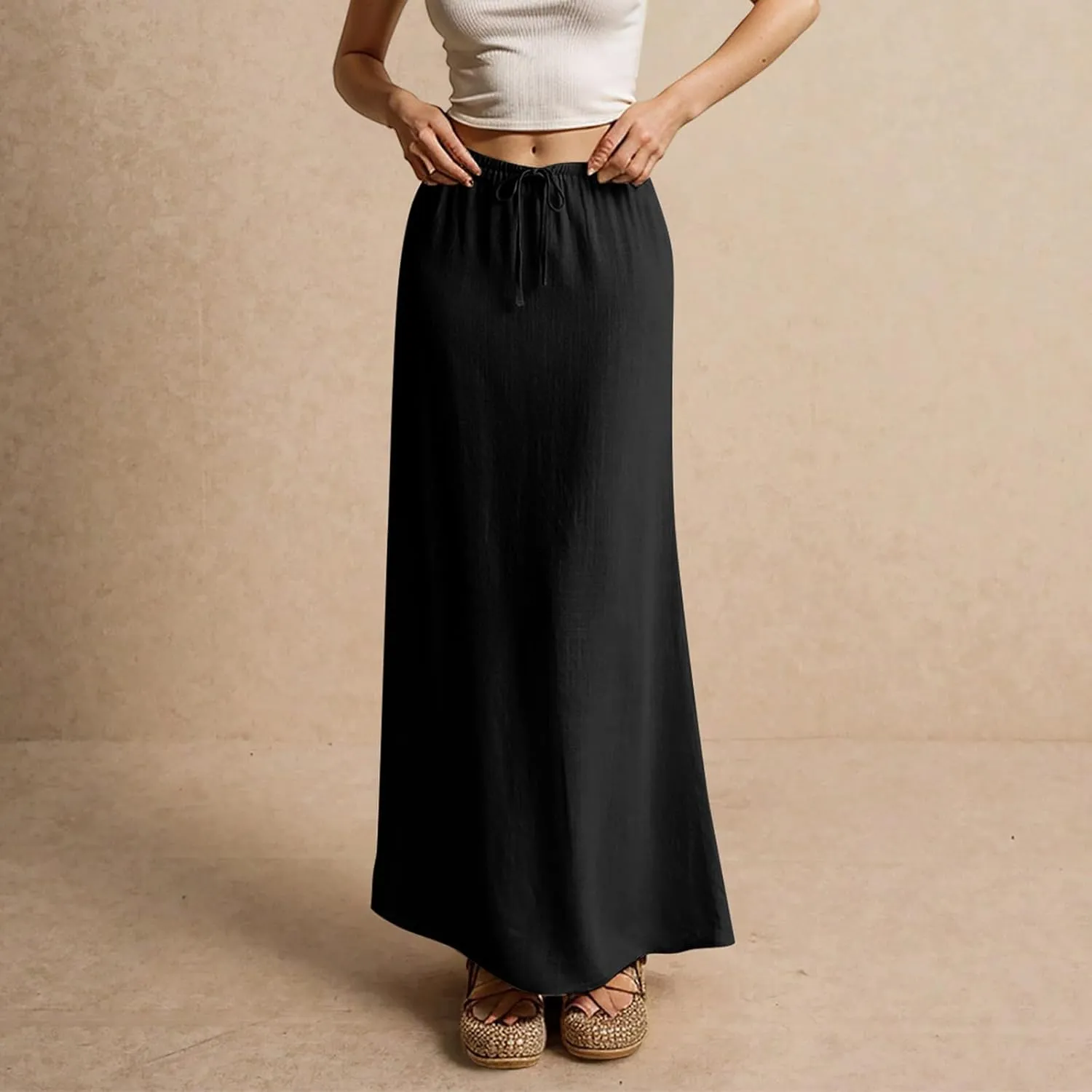 Melliflo Womens Linen Maxi Skirts 2025 Trendy Summer Comfy Drawstring Waist Vacation Flowy Long Skirt