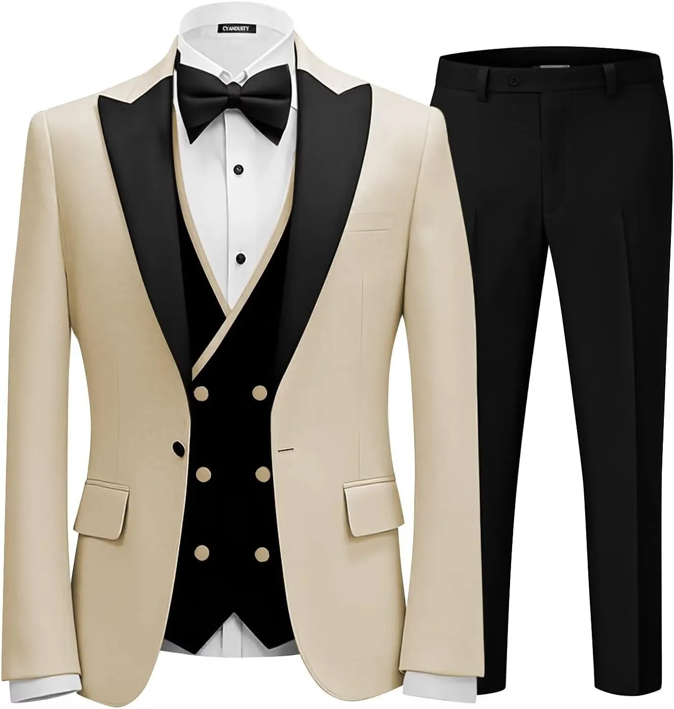 Men 3 Piece Tuxedo Suit Double Breasted Suit for Men Wedding Prom Slim Fit Blazer Vest Pants with Bow Tie